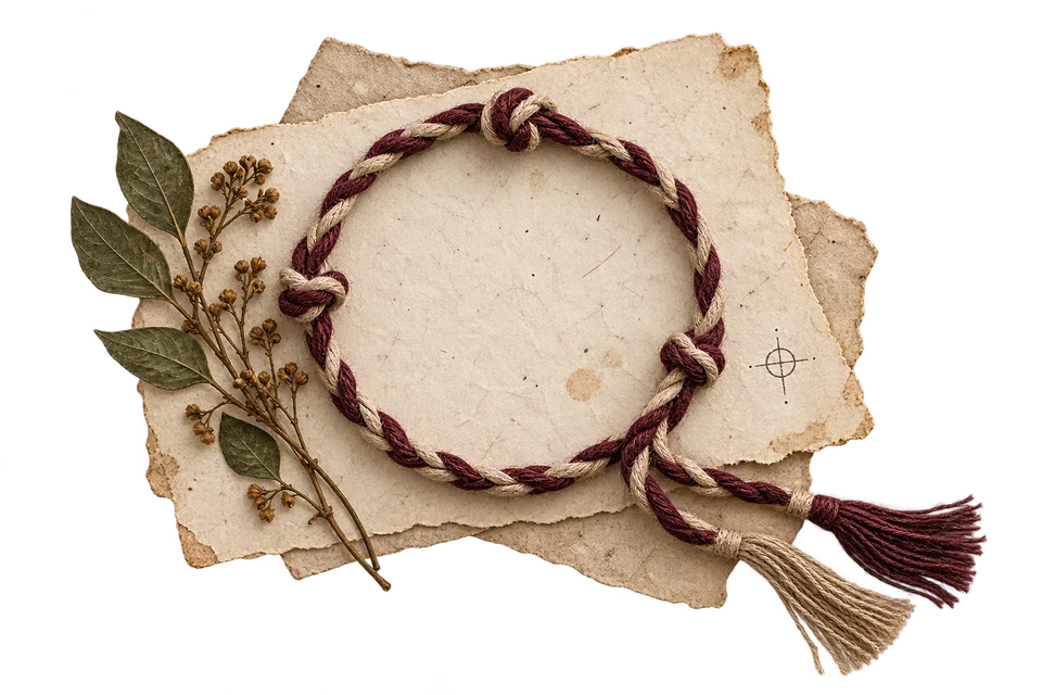 A braided cord with three knots, resting on paper beside a pressed sprig